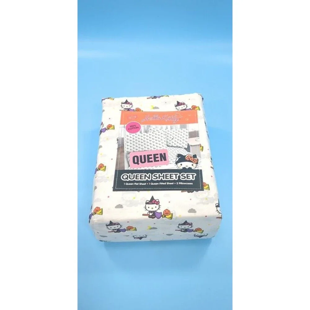 Hello Kitty Sanrio Halloween Witch Broomstick Queen White Sheet Set 4 Piece